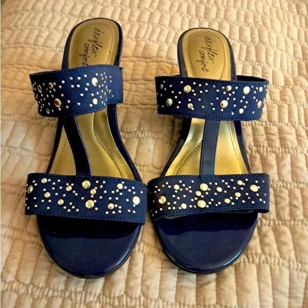 dexflex comfort Navy Blue Studded Two-Strap Slide Sandals